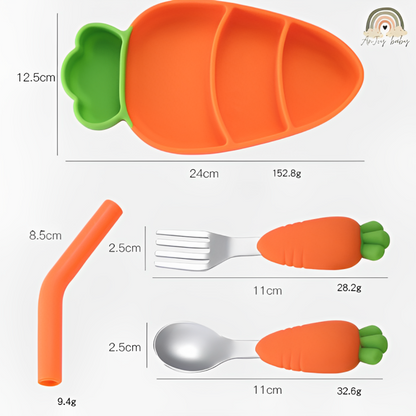 Pratinho Tigela Cenoura De Silicone Colher Garfo e Canudo