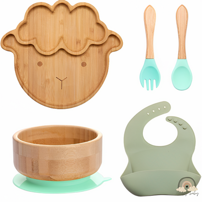 Kit Alimentação De Bambu E Silicone 5 Peças Ovelhinha