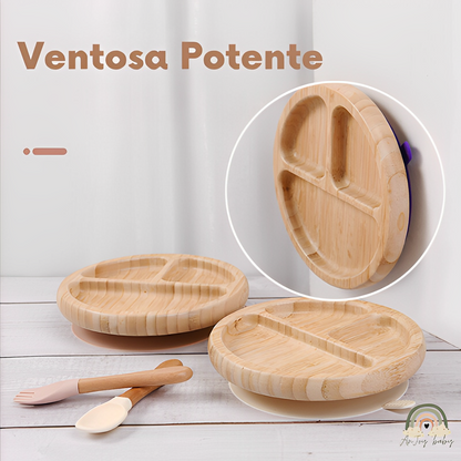 Kit Prato Madeira Com Ventosa De Silicone Com Colher e Garfo