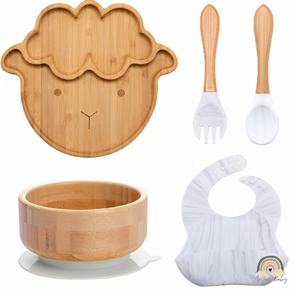 Kit Alimentação De Bambu E Silicone 5 Peças Ovelhinha