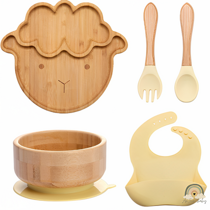 Kit Alimentação De Bambu E Silicone 5 Peças Ovelhinha